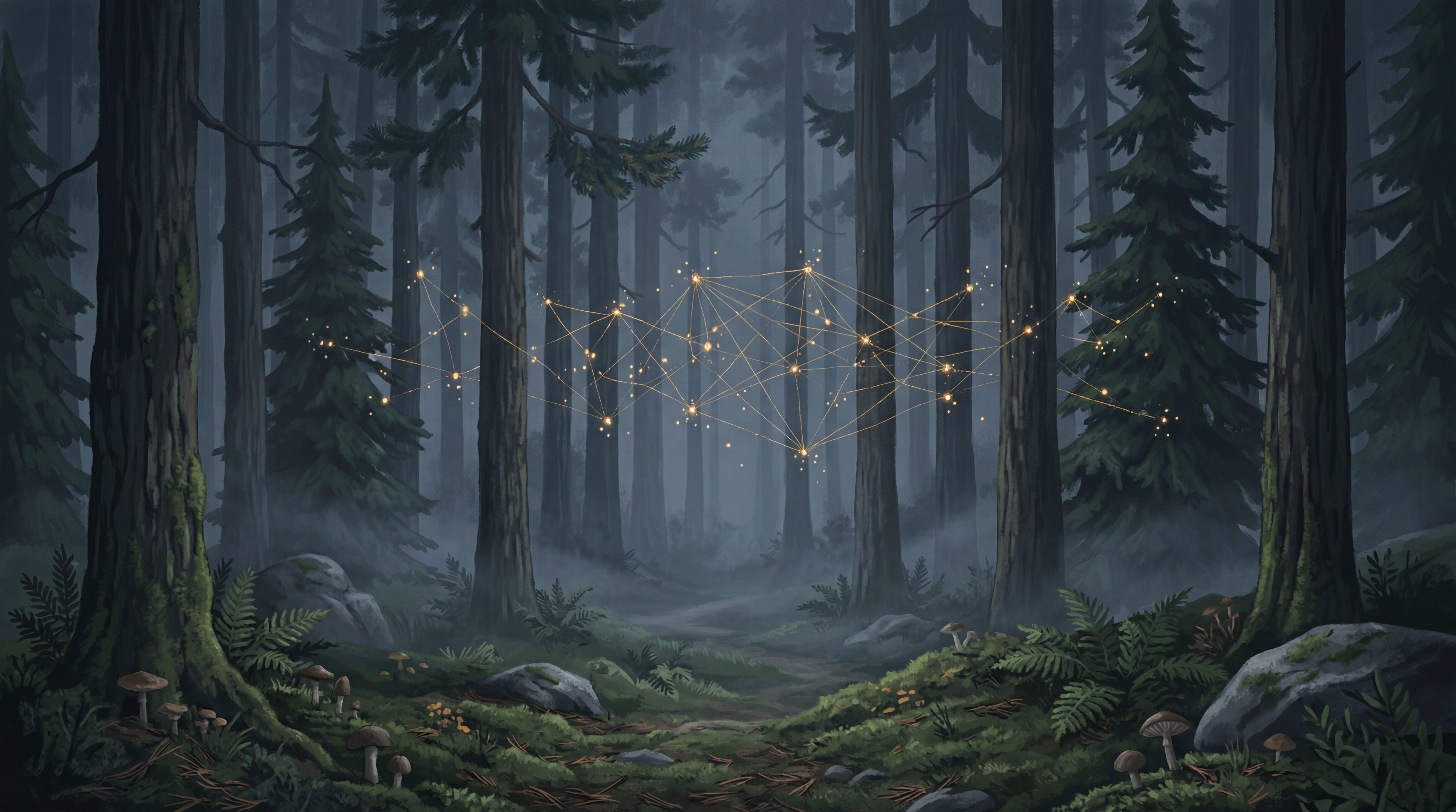 Painterly misty pine forest with a web of golden light threads strung between the trunks, standing for agentic AI with Claude Code connecting the parts of a codebase