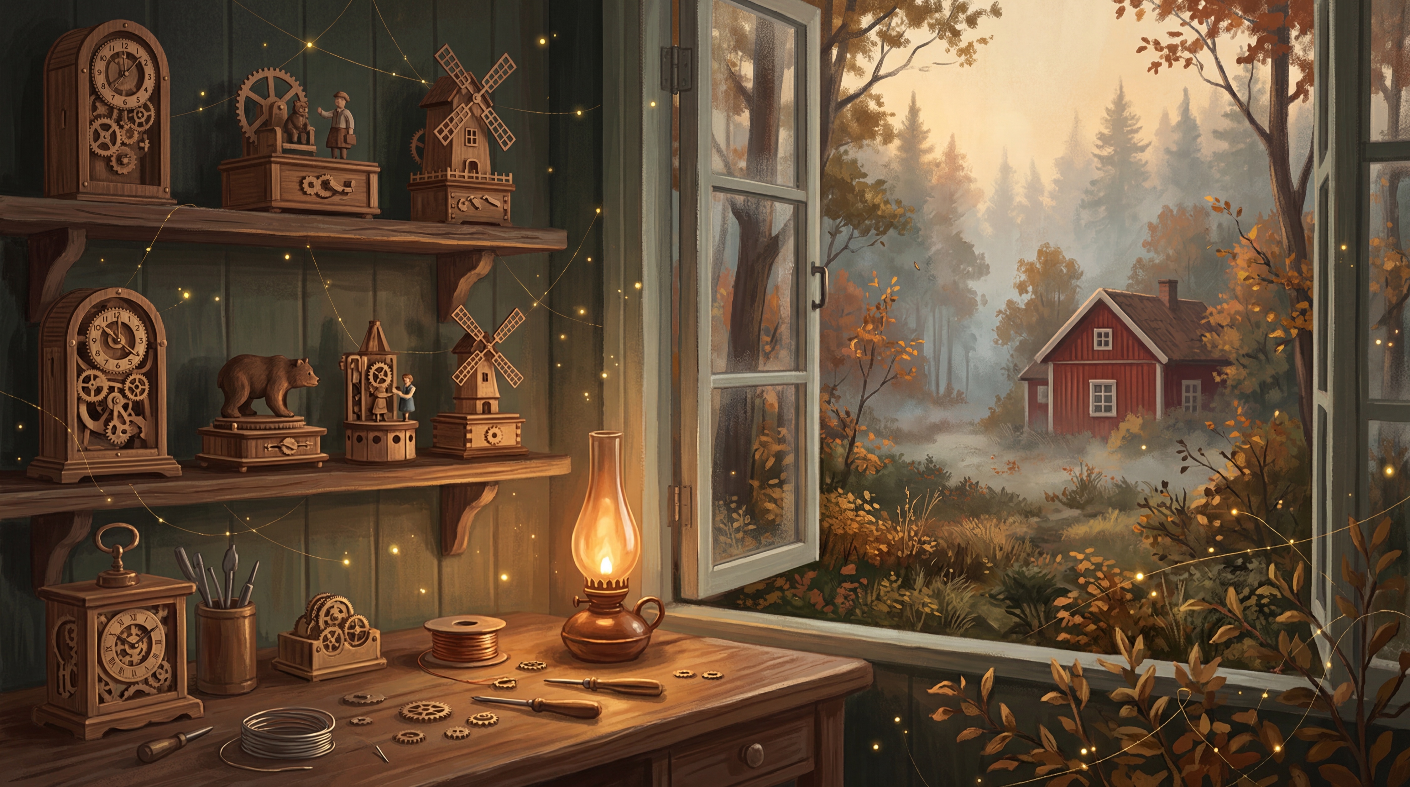 Painterly workshop interior with wooden clockwork models on shelves, an oil lamp on the desk and a misty forest outside the window, illustrating AI agents that keep working in the background