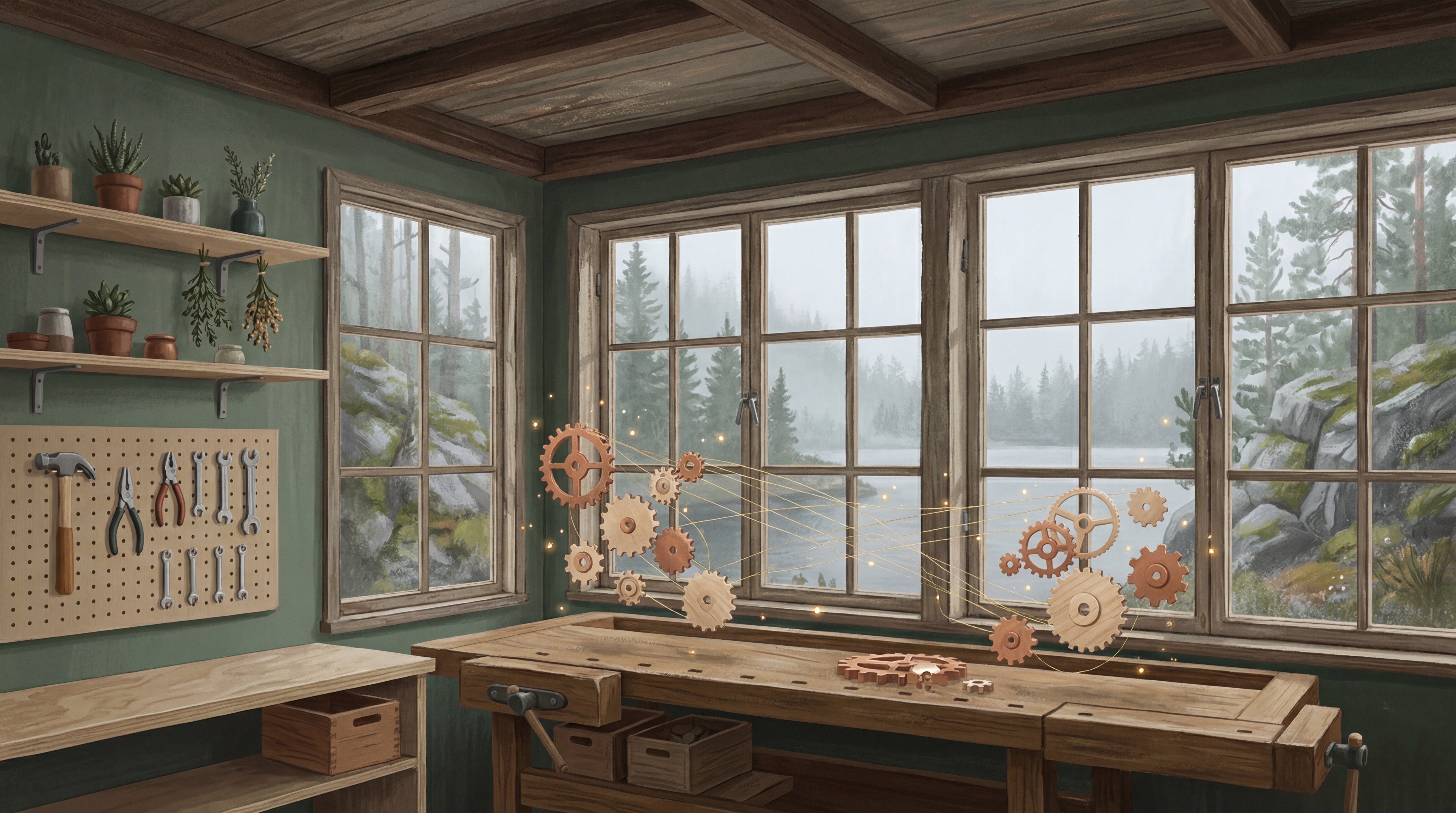 Painterly workshop interior with a timber workbench, a tool wall and wooden gears turning by the window above a misty lake, illustrating AI automation for business