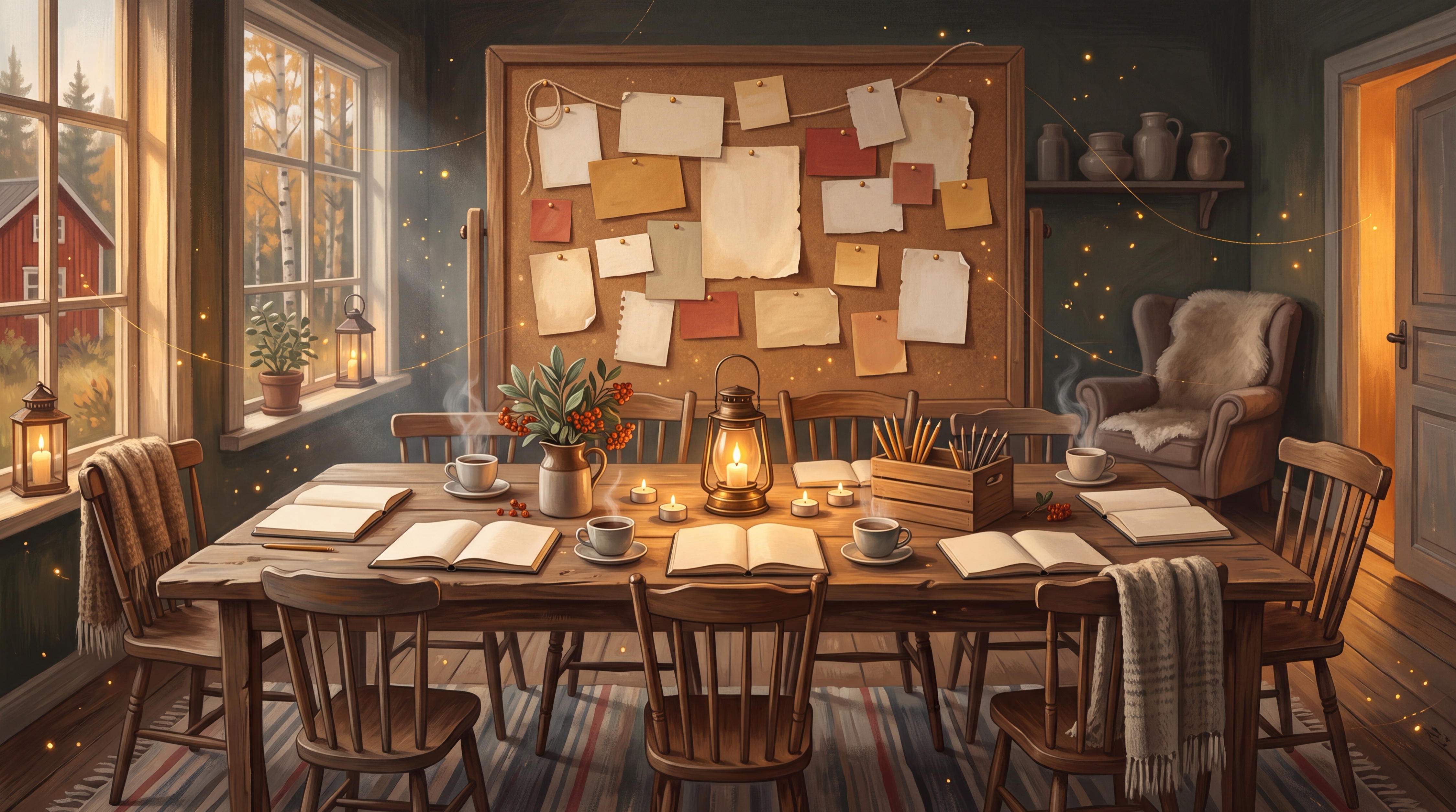 Painterly meeting room with a long wooden table, open notebooks and a lantern under a pinboard of notes, illustrating AI change management in a company
