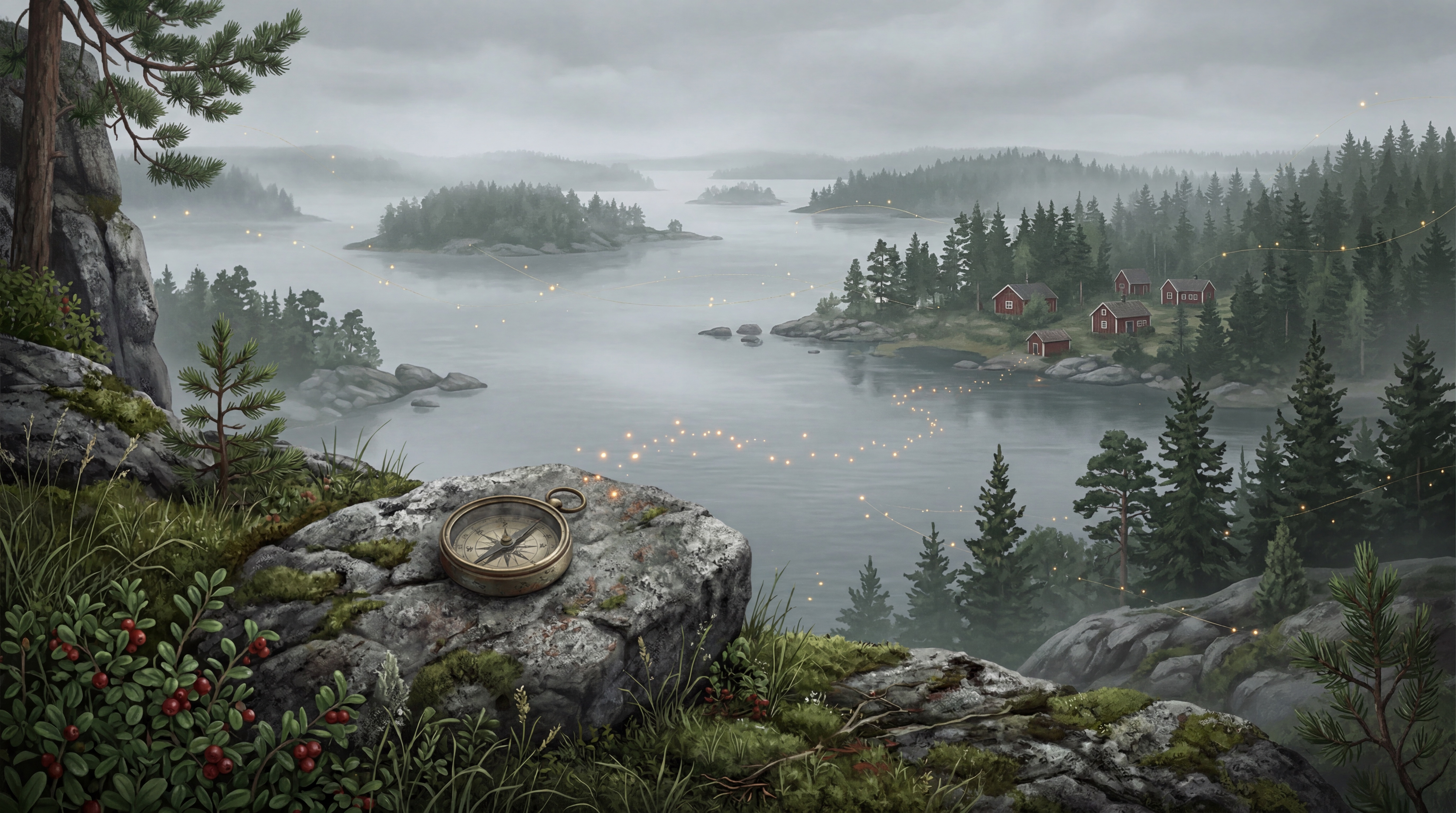 Painterly view over a misty archipelago with pine forest and a brass compass on a mossy rock, illustrating what an AI consultant costs in Europe