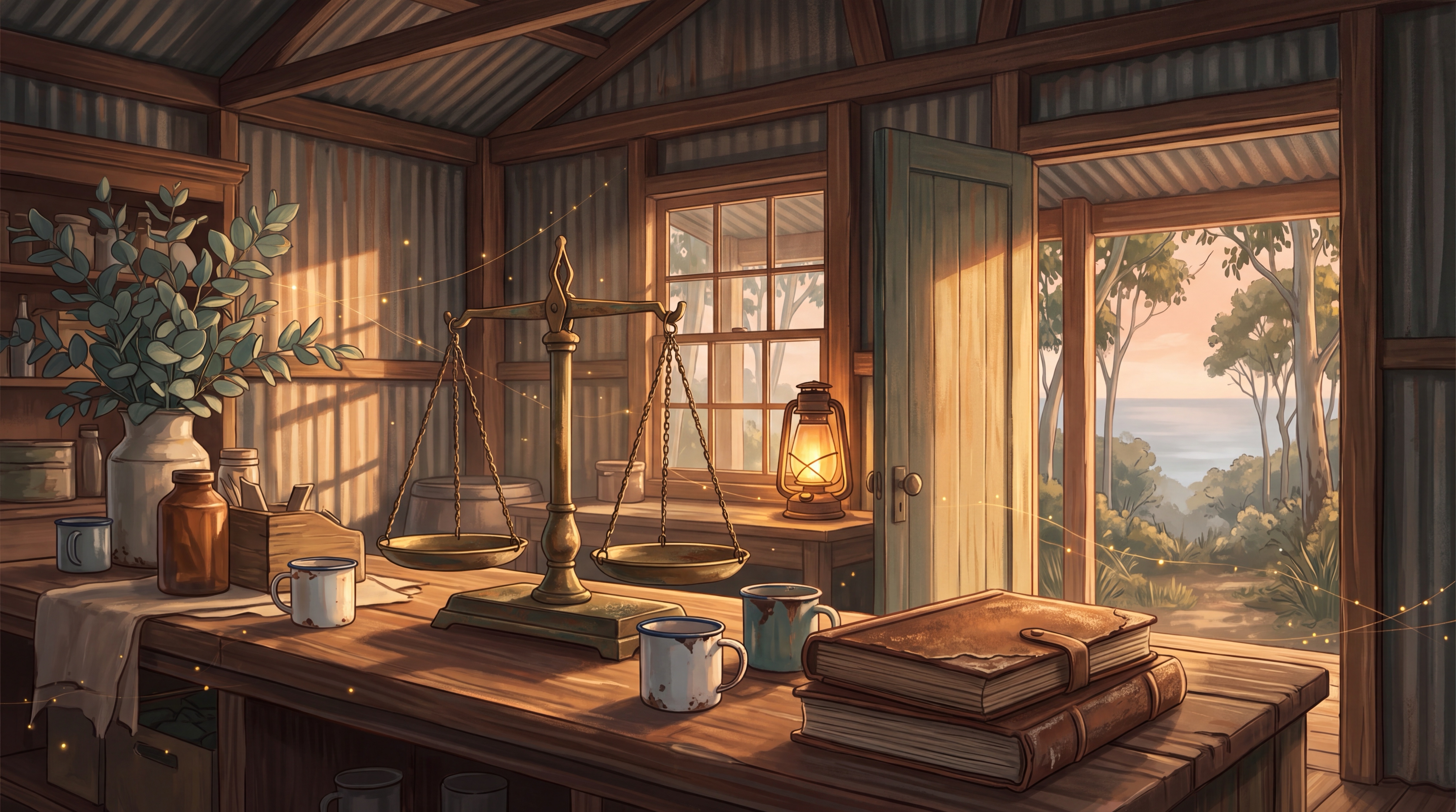 Old brass balance scales beside stacked ledgers and enamel mugs on a timber counter in warm Australian light, weighing AI consultant rates in Australia plainly