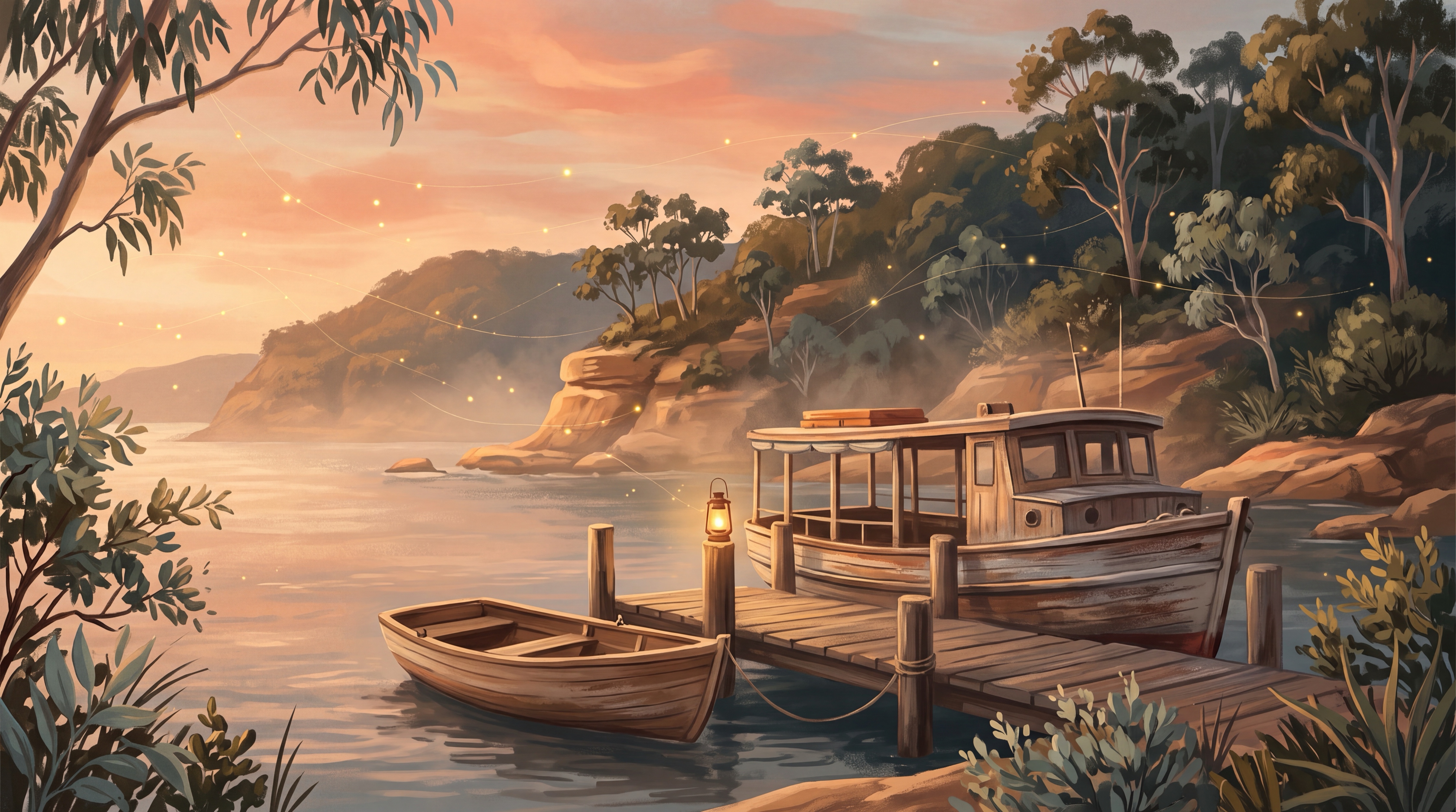 A small timber rowboat moored beside a larger wooden ferry at a quiet jetty in an Australian bay at dusk, weighing an AI consultant against an AI agency