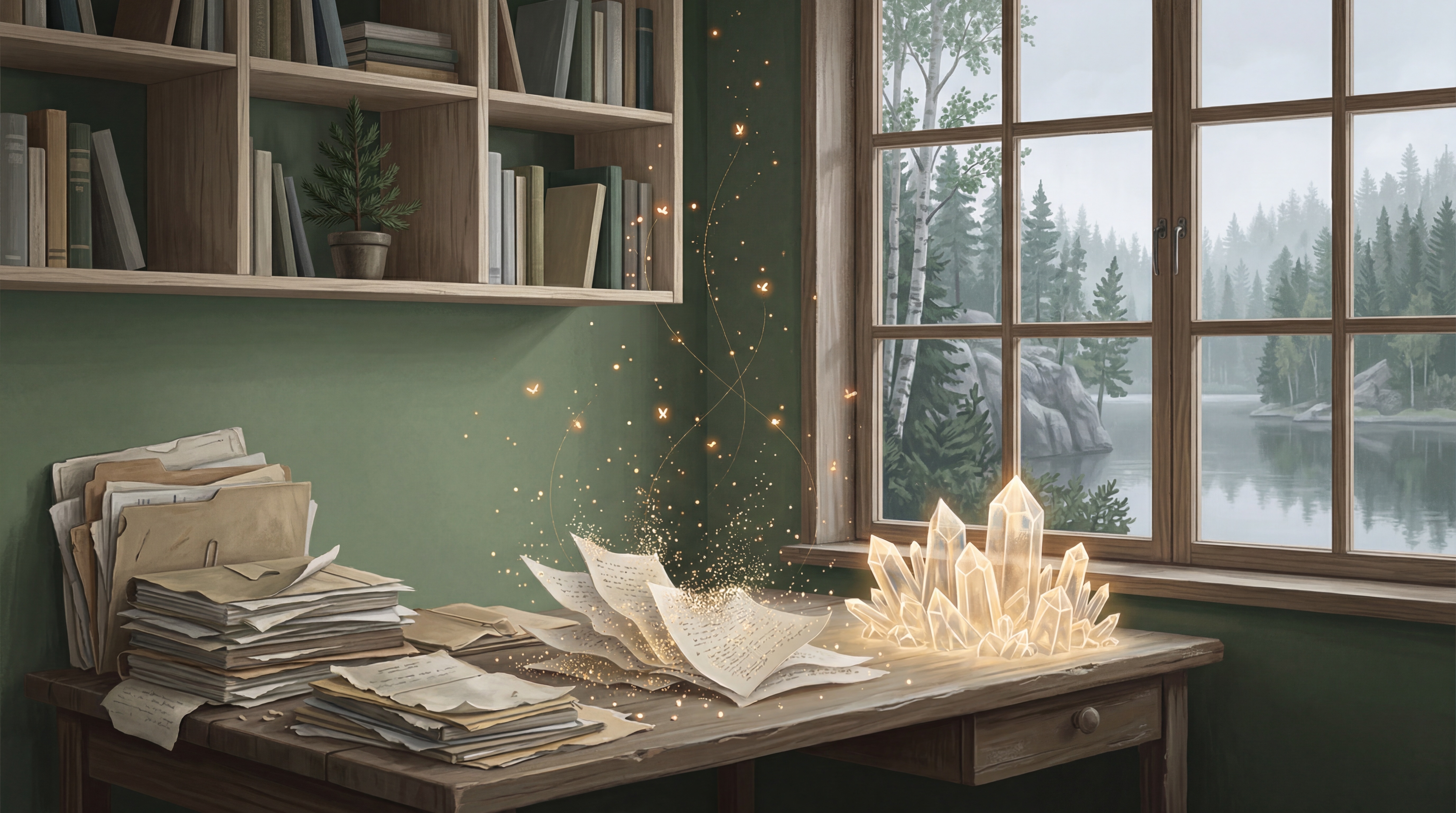 Painterly study with stacks of paper documents on a wooden desk turning into glowing crystals beside a window onto a misty lake, illustrating an AI knowledge base built from PDFs