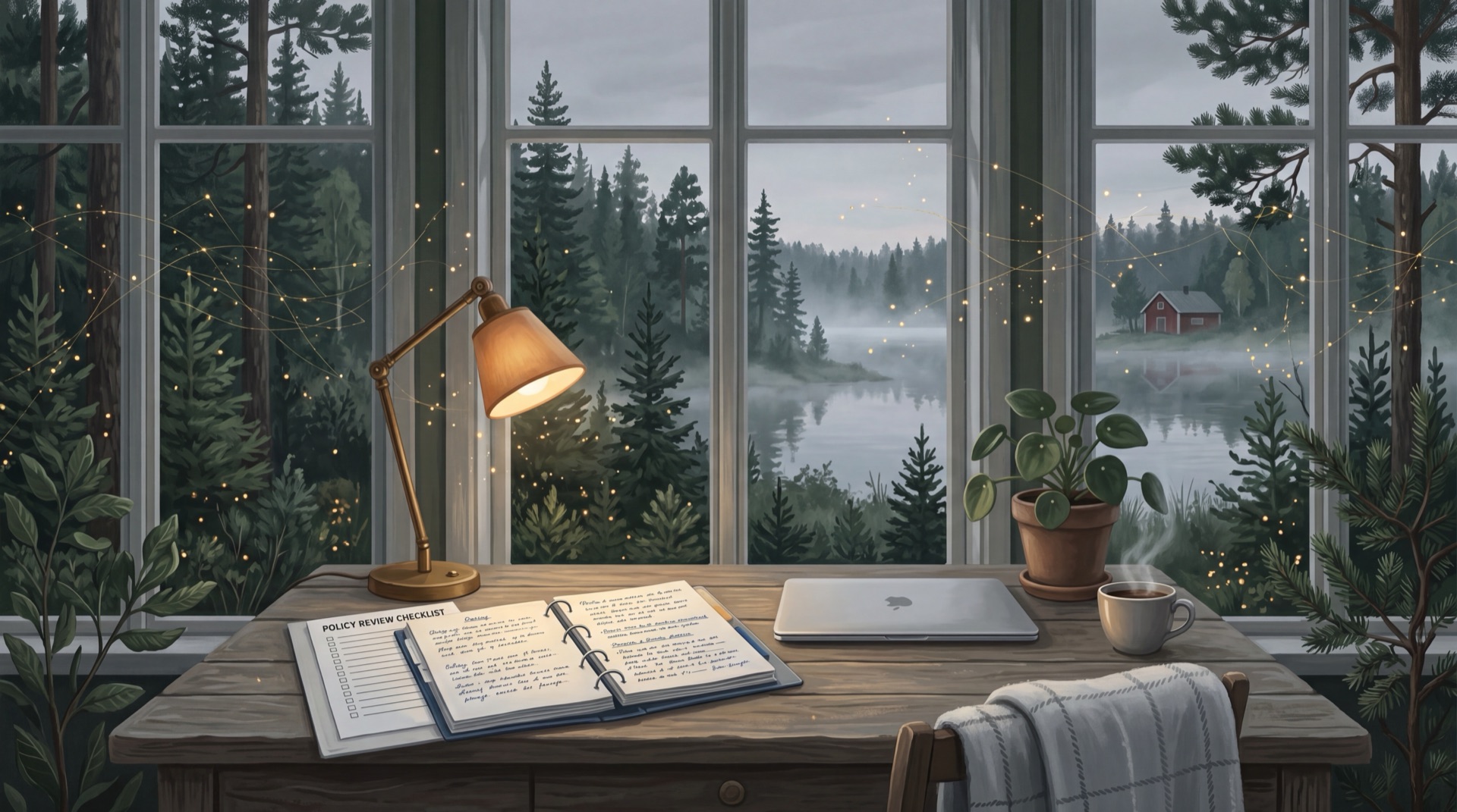 Painterly desk by a tall window with a policy checklist binder, a laptop, a reading lamp and a cup of tea, pine forest and a lake outside, illustrating an AI policy template for European businesses