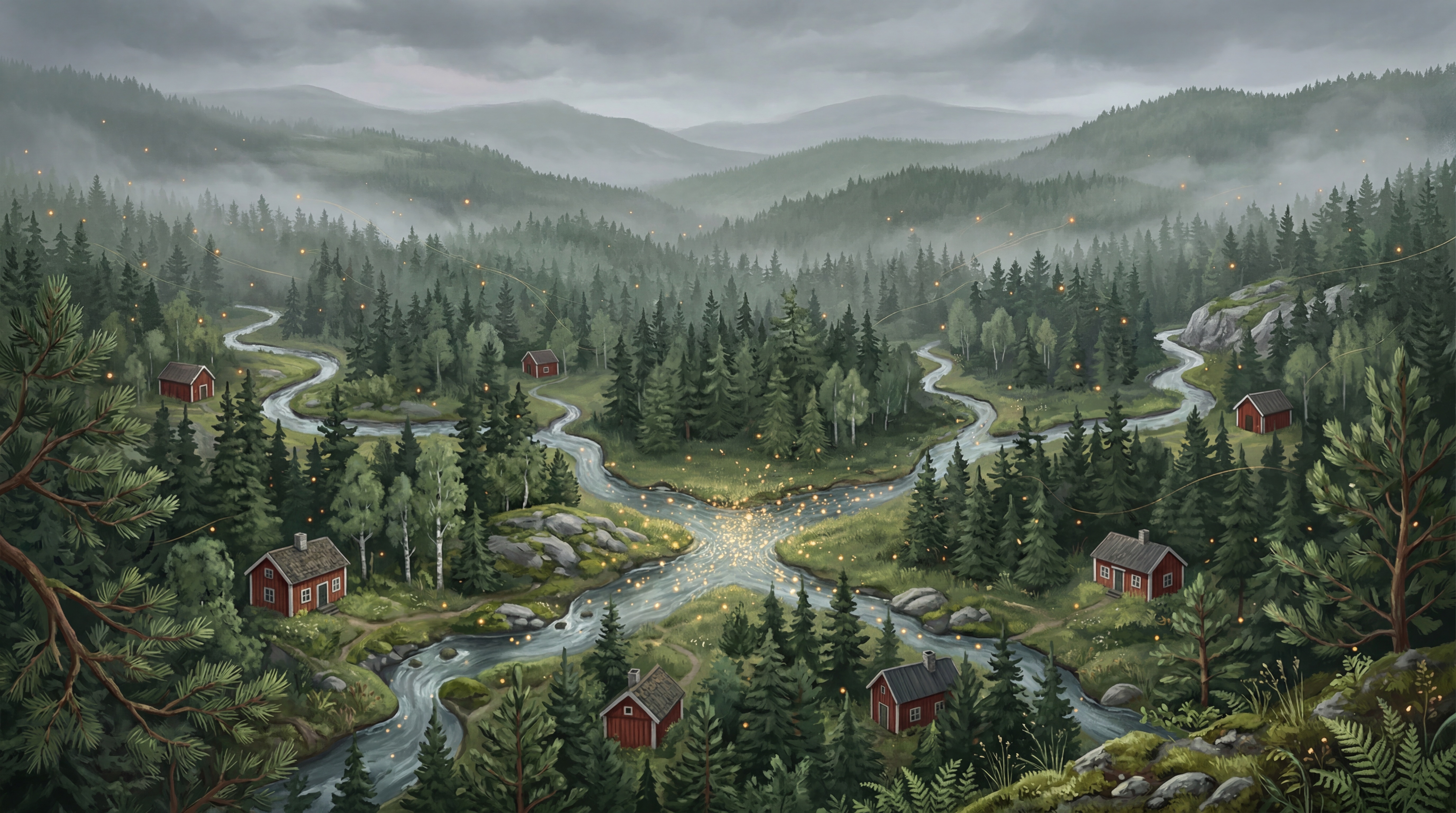 Painterly valley of dark pine forest where several winding rivers meet in one glowing channel between small cabins, illustrating Anthropic MCP connecting many business systems to Claude