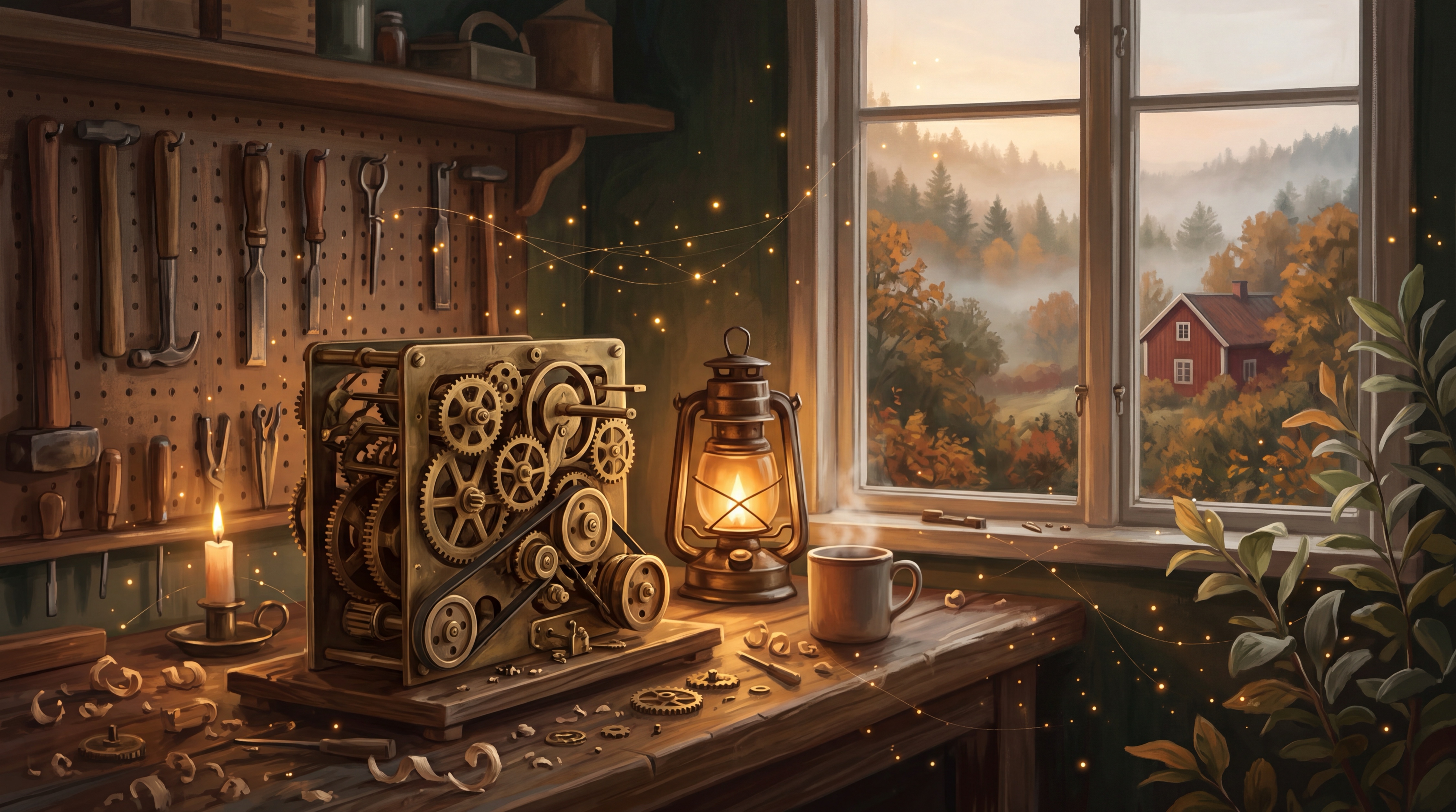Painterly workshop bench in warm lantern light with brass gears and tools in front of a window onto an autumn forest, illustrating an automation consultant