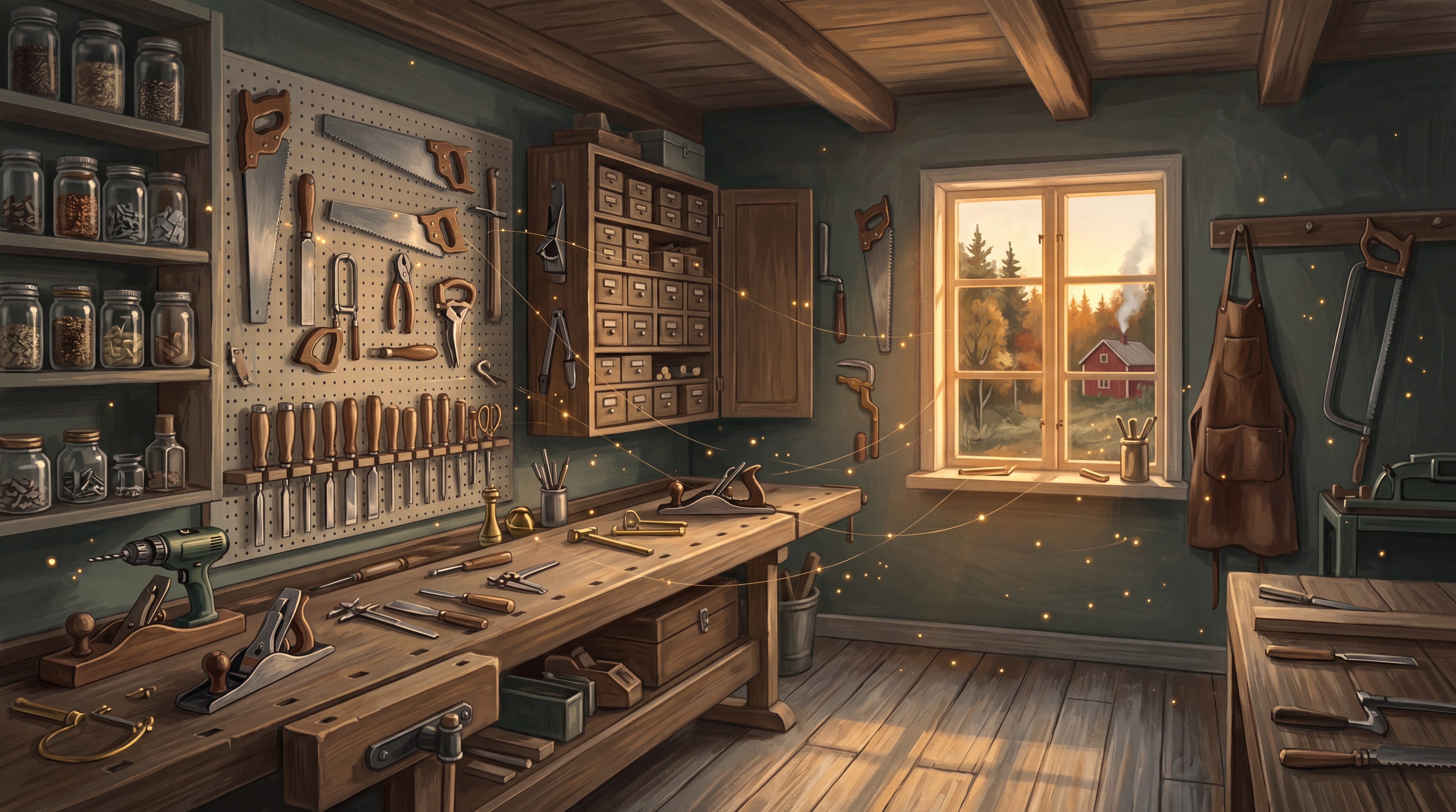 Painterly carpenter's workshop with hand tools on a pegboard, jars on shelves and golden evening light through the window, illustrating the best AI tools for business in Europe