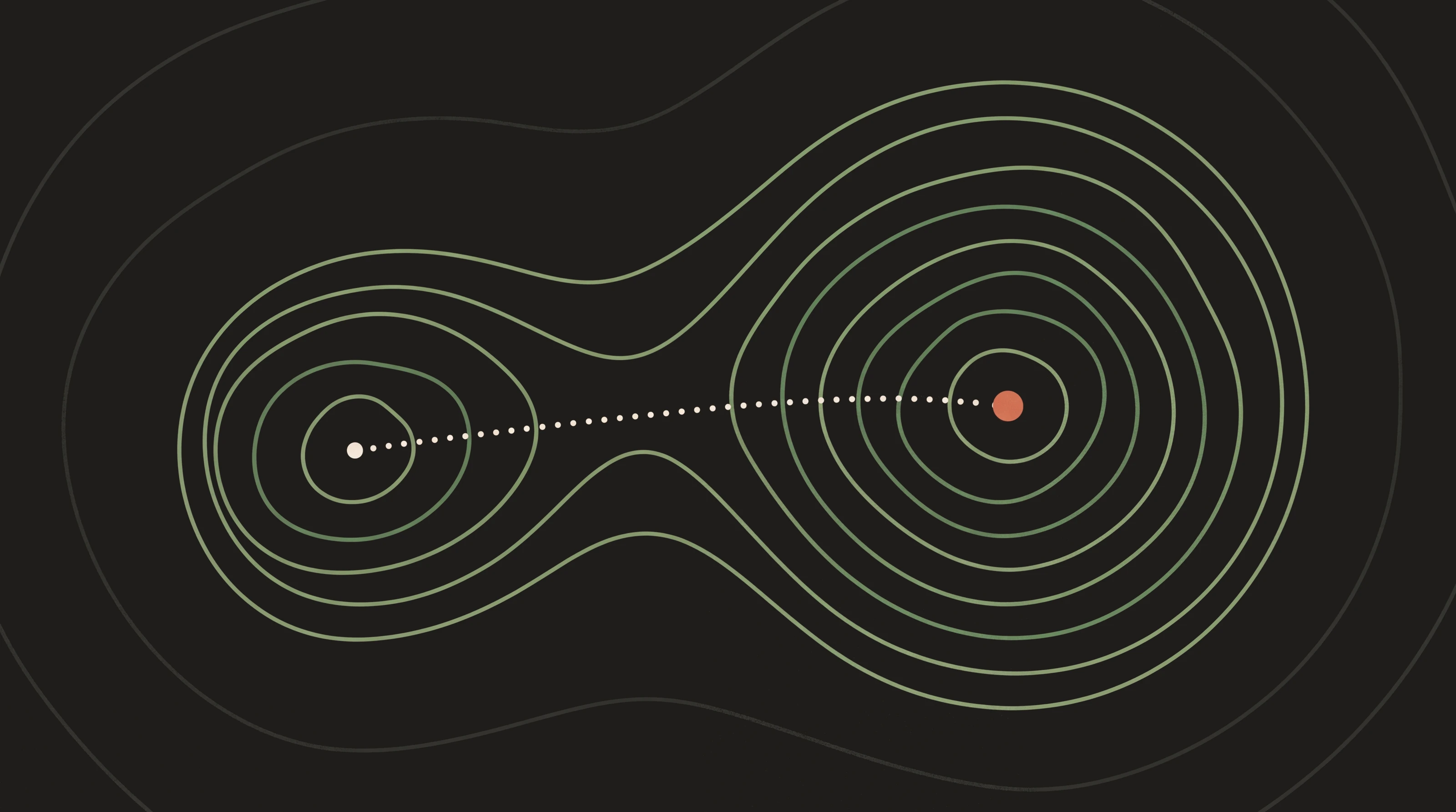 Topographic map illustration with a smaller and a larger peak in one massif joined by a dotted path, standing for the two seat types in ChatGPT Business pricing