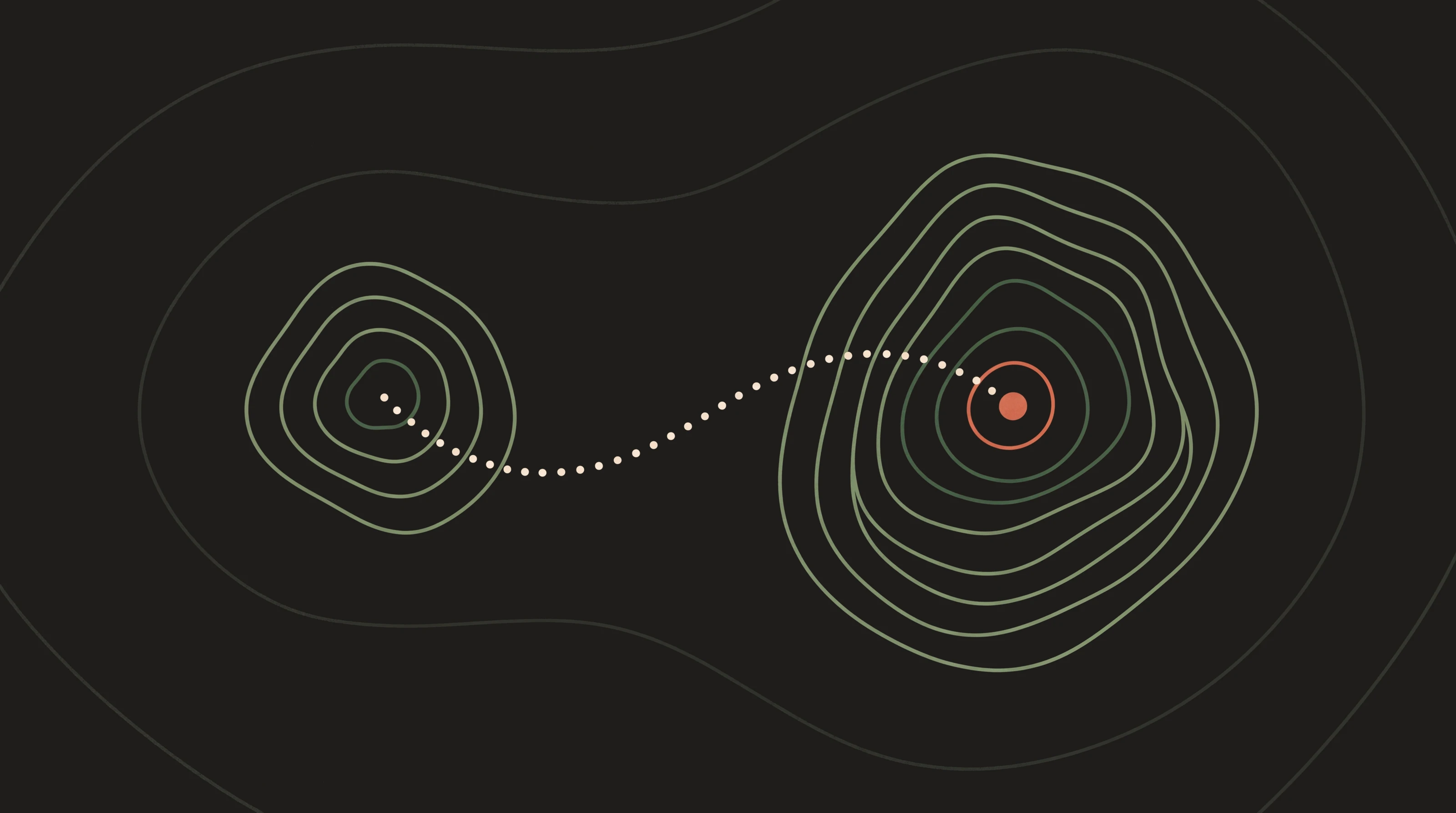 Topographic map graphic with two contour peaks joined by a dotted path in forest green and terracotta, a symbol of the route a ChatGPT consultant plans