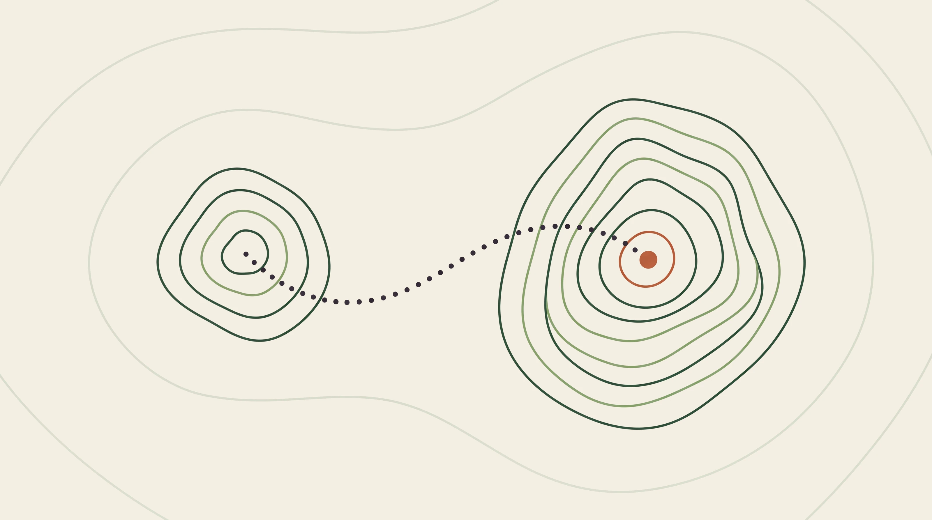 Topographic map graphic with two contour peaks joined by a dotted path in forest green and terracotta, a symbol of the route a ChatGPT consultant plans