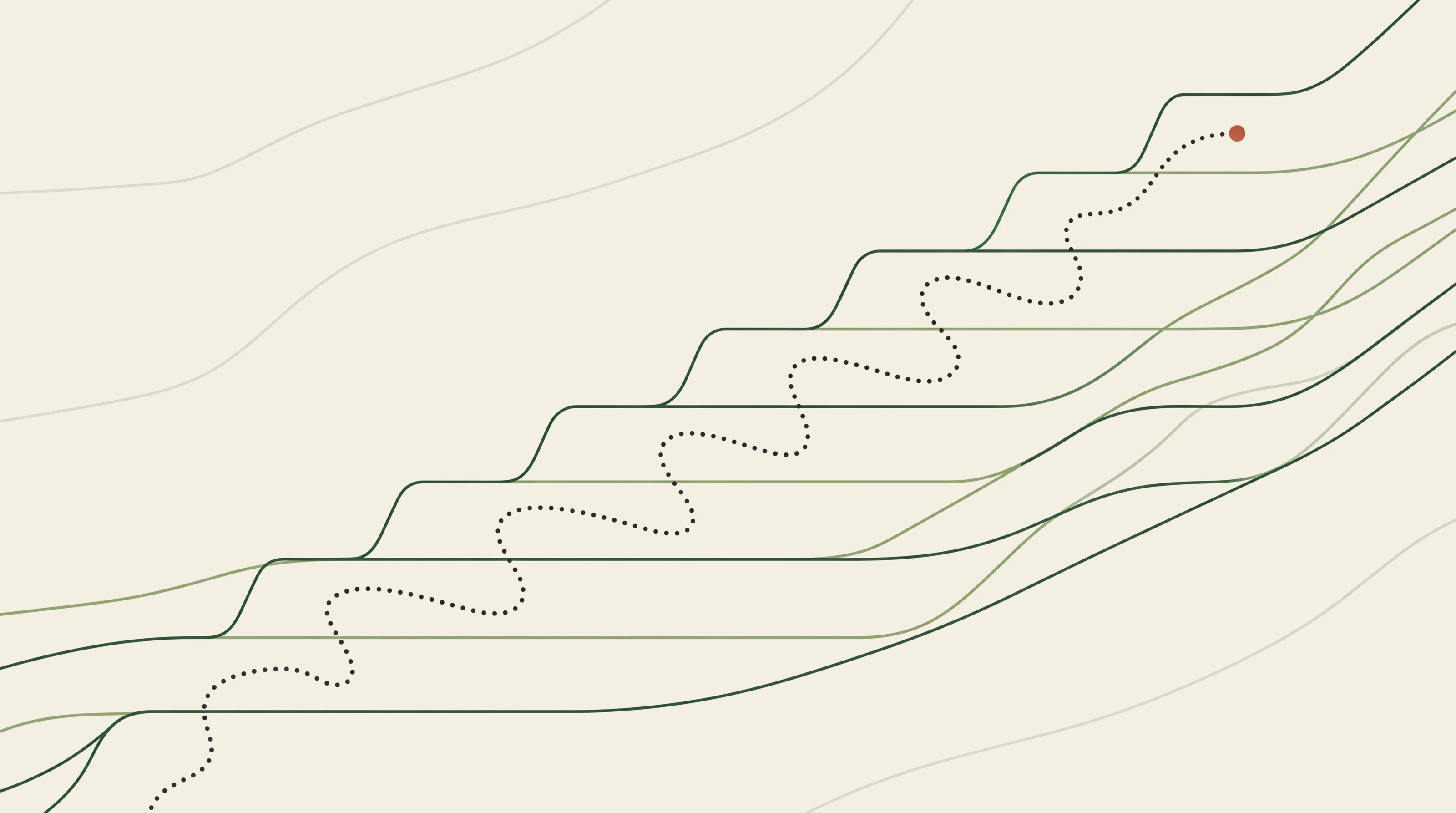 Topographic map illustration with rising terraces and a dotted path leading to a terracotta goal, illustrating ChatGPT pricing in 2026