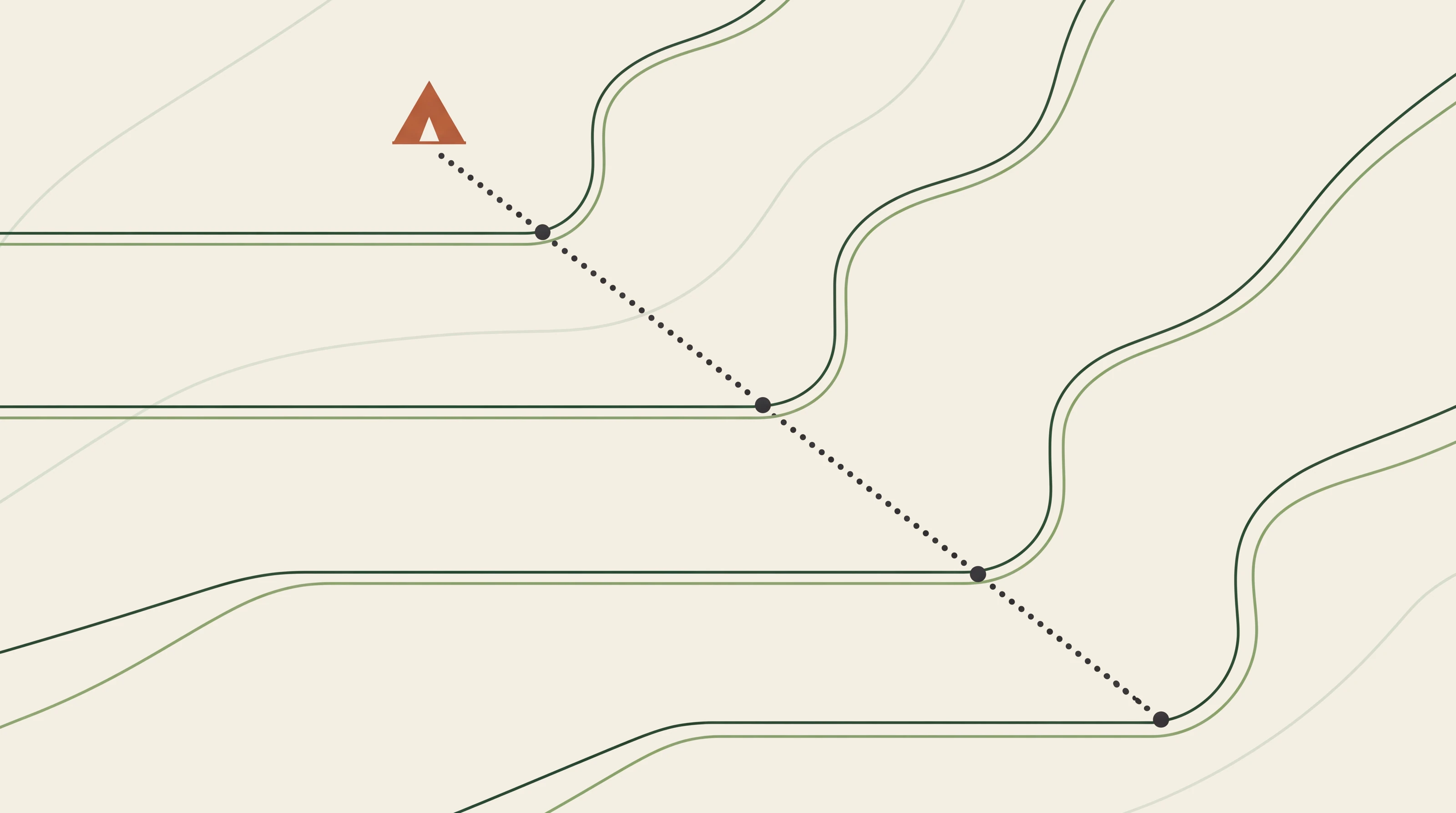 Contour map illustration with four terraces and a dotted path that climbs one step at a time to a tent, illustrating ChatGPT training for businesses