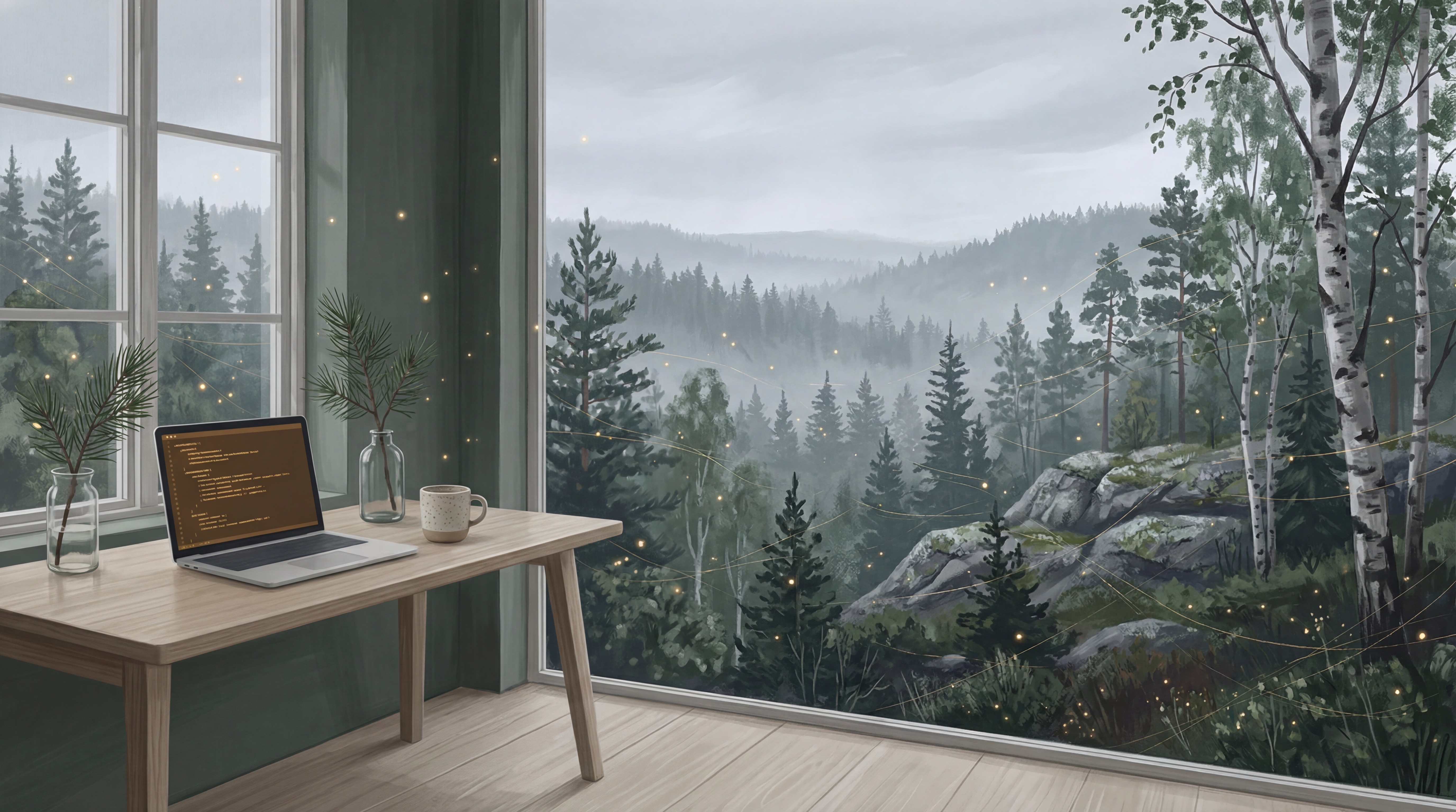 Painterly desk with a laptop by a tall window onto misty pine forest and birches, illustrating a Claude Code guide with habits and pricing