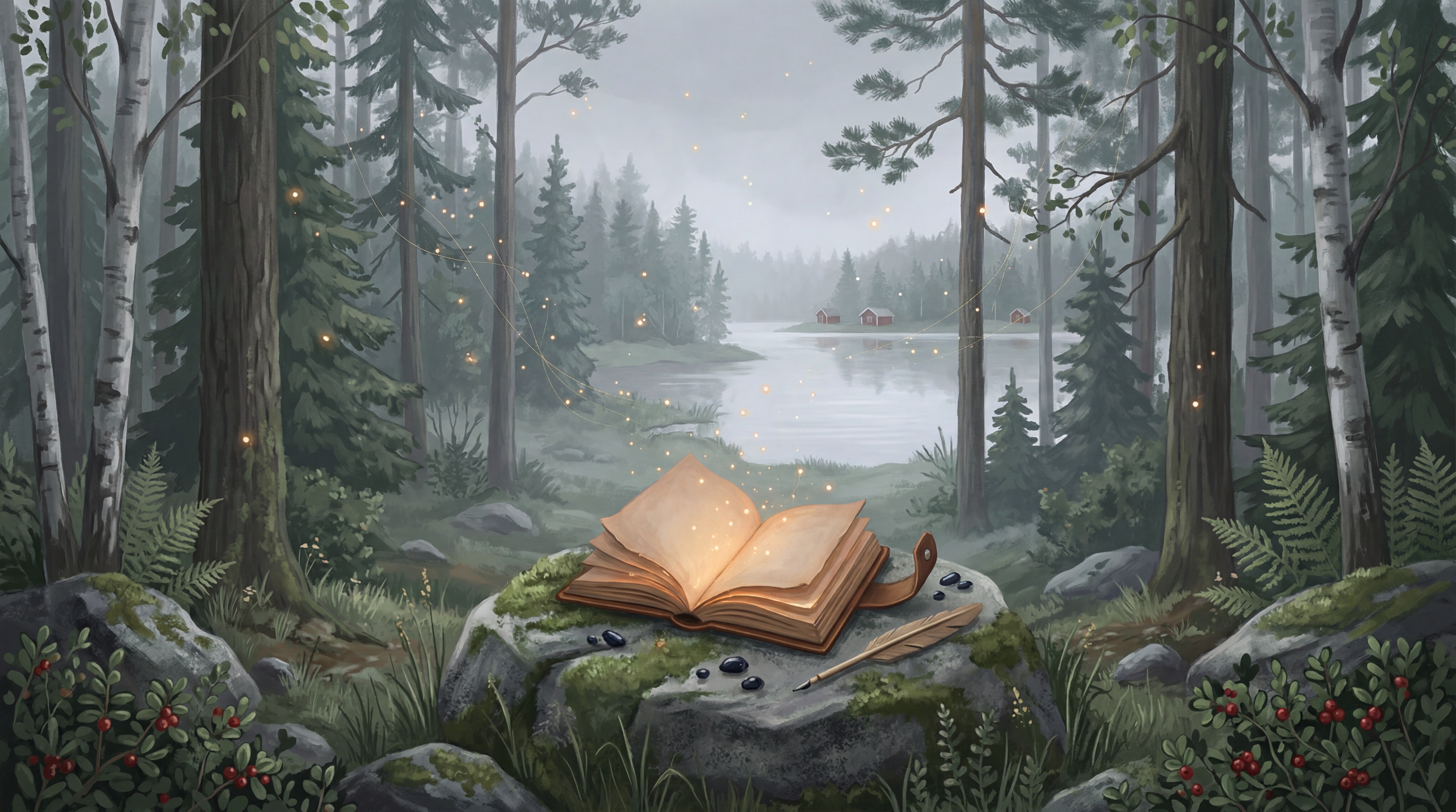 Painterly forest clearing with an open book resting on a mossy rock beside a quill, a misty lake between pine and birch trees behind it, illustrating a Claude Code and Obsidian context library