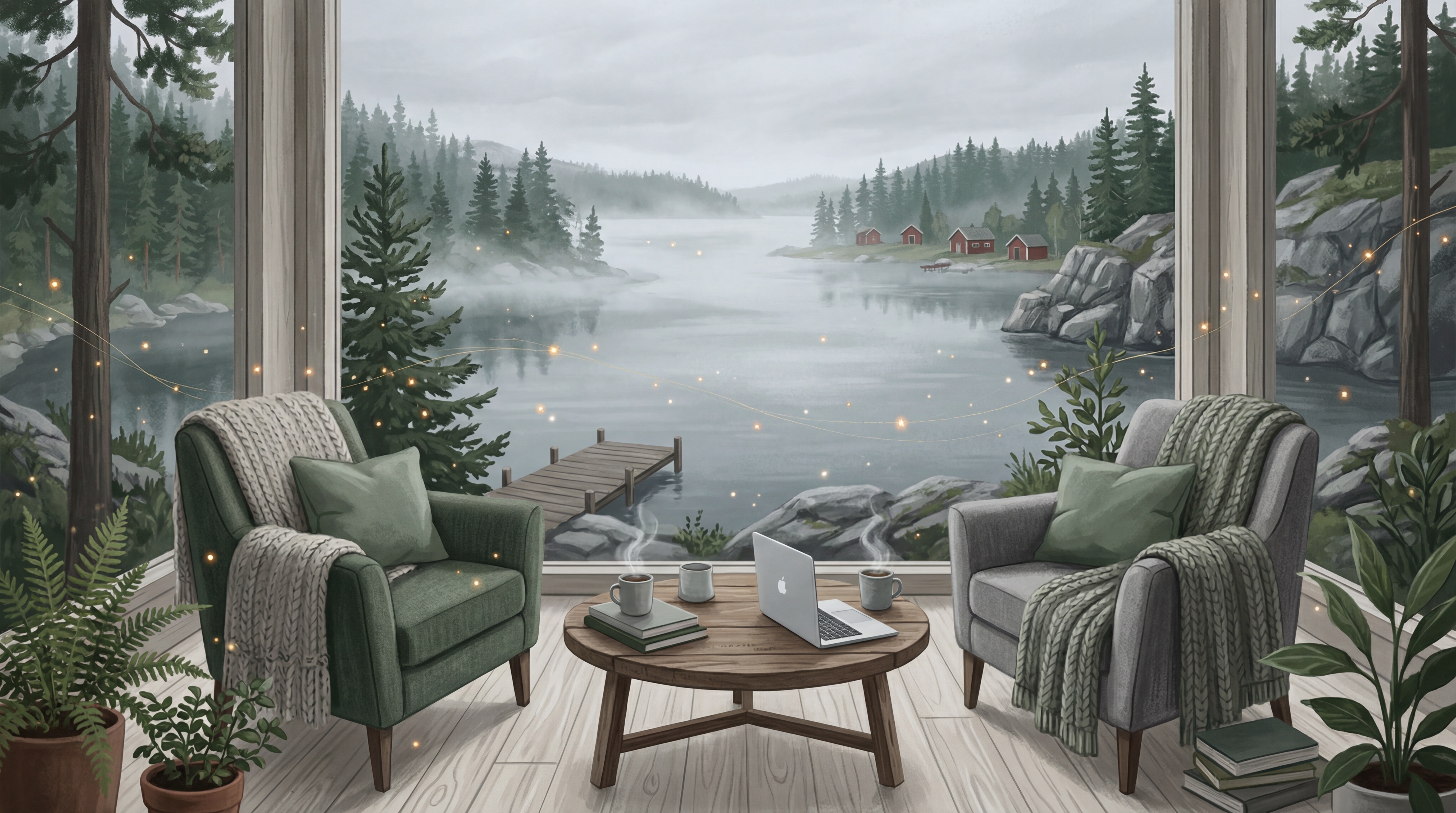 Painterly room with two green armchairs, a laptop and two cups on a round wooden table in front of tall windows over a misty lake with a jetty, illustrating a calm Claude Cowork setup