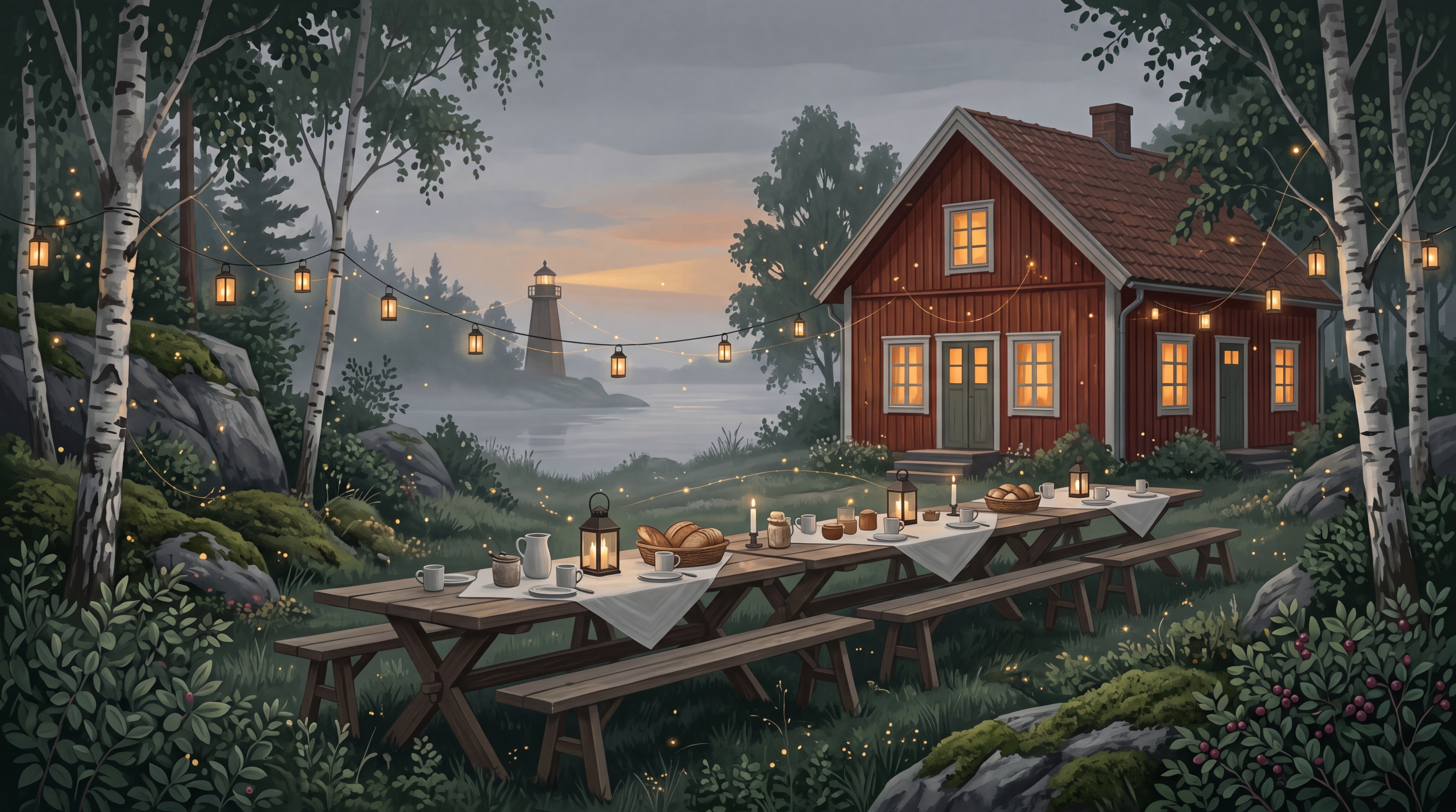 Painterly evening scene of long wooden tables laid for a community meal under string lights beside a red house and birch trees, illustrating Claude for nonprofits and volunteer organisations