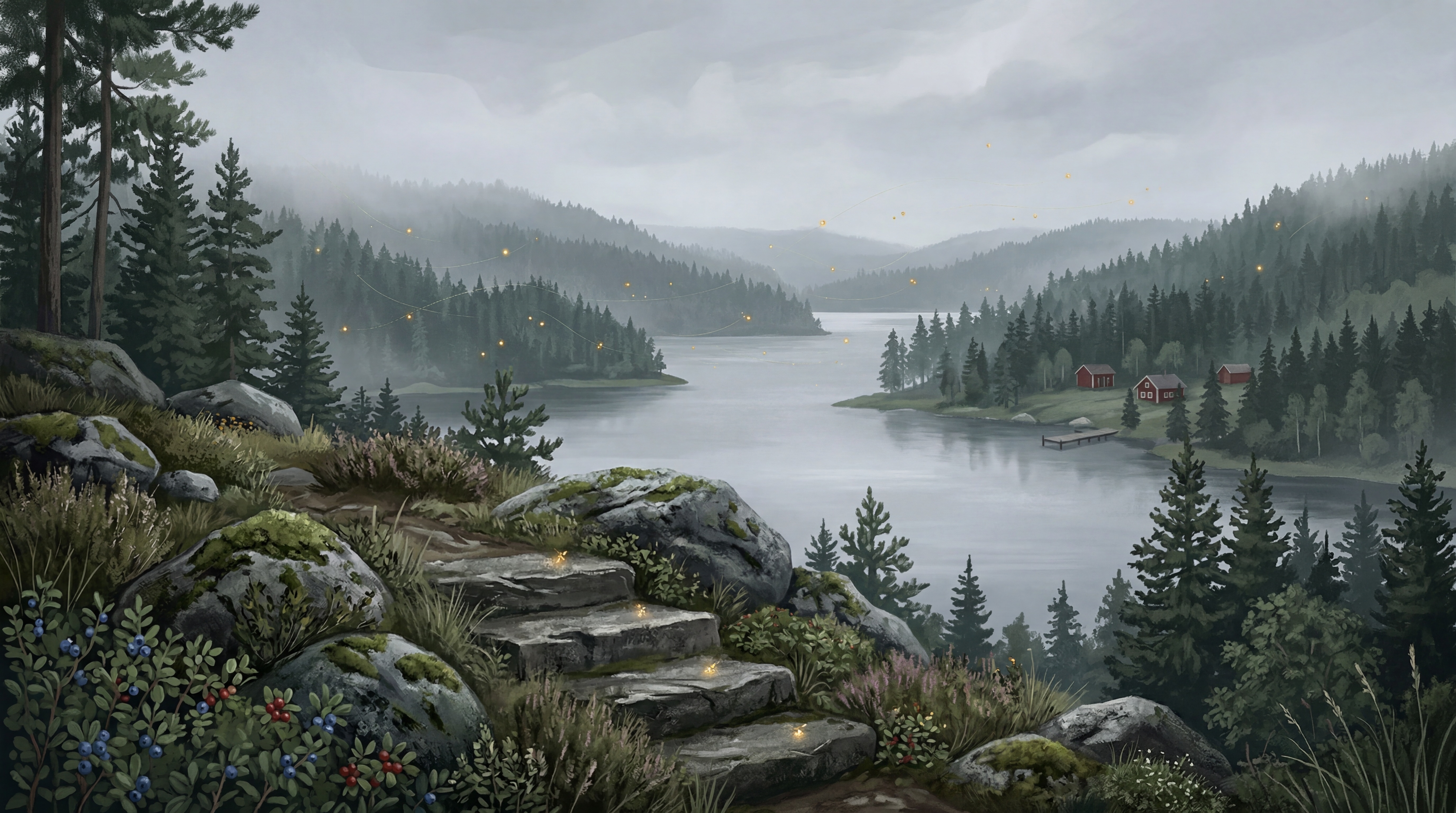 Painterly view over a misty lake valley with dark pine forest, stone steps in the foreground and small red cabins on the far shore, illustrating how much Claude costs for a European team
