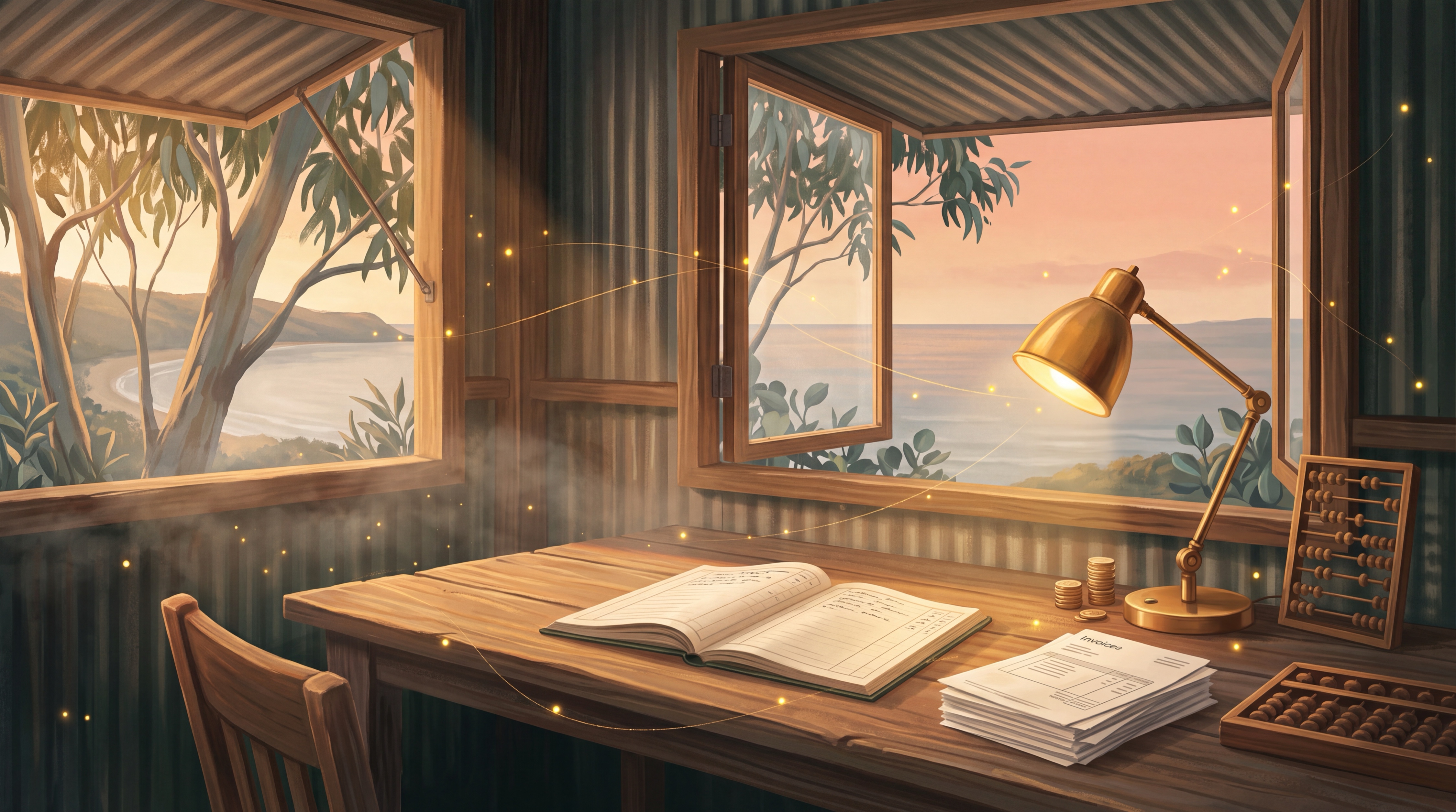 An open ledger and a stack of invoices on a timber desk in a sunlit Australian office, the real cost of a Claude rollout laid out in black and white