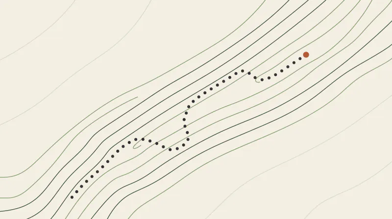 Topographic map graphic with a dotted path winding up a long slope to a terracotta goal, a symbol of agentic AI work with Claude Code