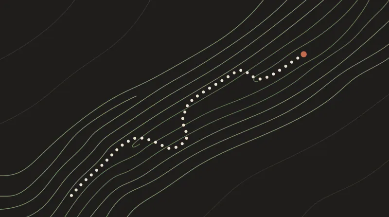 Topographic map graphic with a dotted path winding up a long slope to a terracotta goal, a symbol of agentic AI work with Claude Code