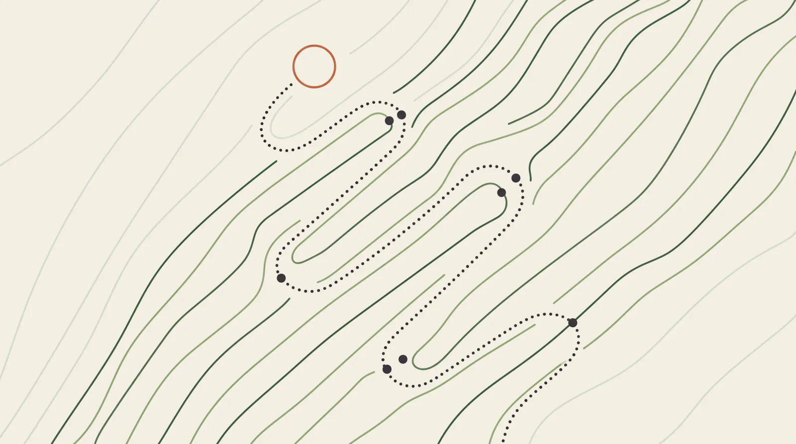 Topographic map graphic with a broad slope and a gentle switchback path in four rounded turns up to a sun ring, guide to AI agents with Claude