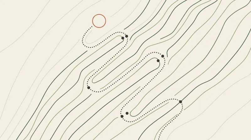 Topographic map graphic with a broad slope and a gentle switchback path in four rounded turns up to a sun ring, guide to AI agents with Claude