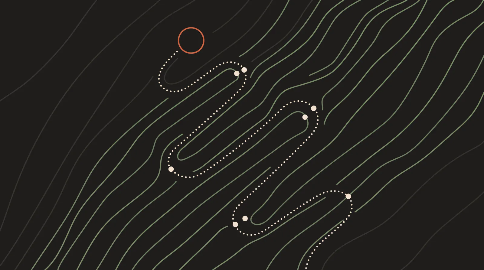 Topographic map graphic with a broad slope and a gentle switchback path in four rounded turns up to a sun ring, guide to AI agents with Claude