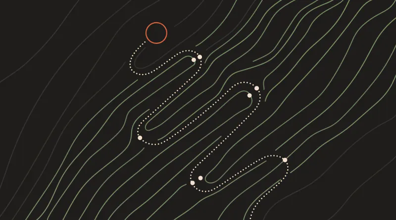 Topographic map graphic with a broad slope and a gentle switchback path in four rounded turns up to a sun ring, guide to AI agents with Claude