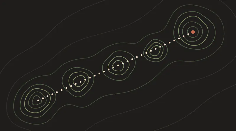 Topographic map graphic with a row of peaks linked by a dotted path to a terracotta goal, guide to AI automation for European businesses