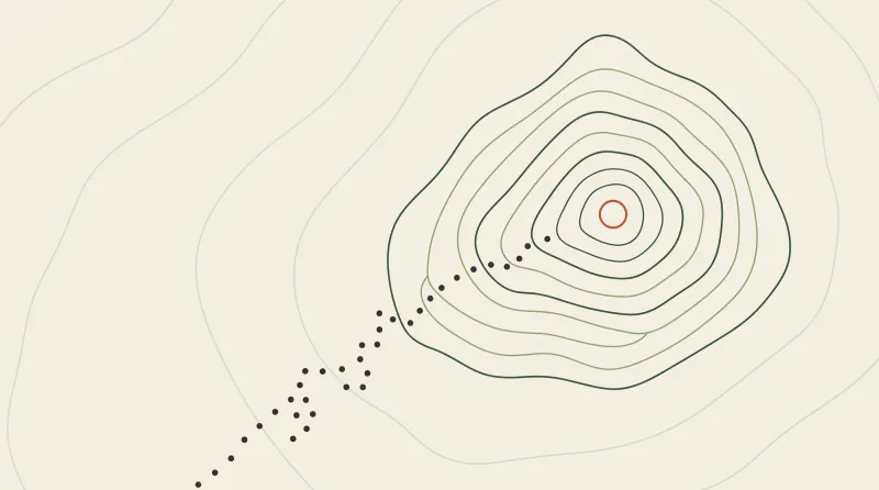 Topographic map graphic with a switchback path climbing to a terracotta sun ring on the summit, a symbol of AI change management