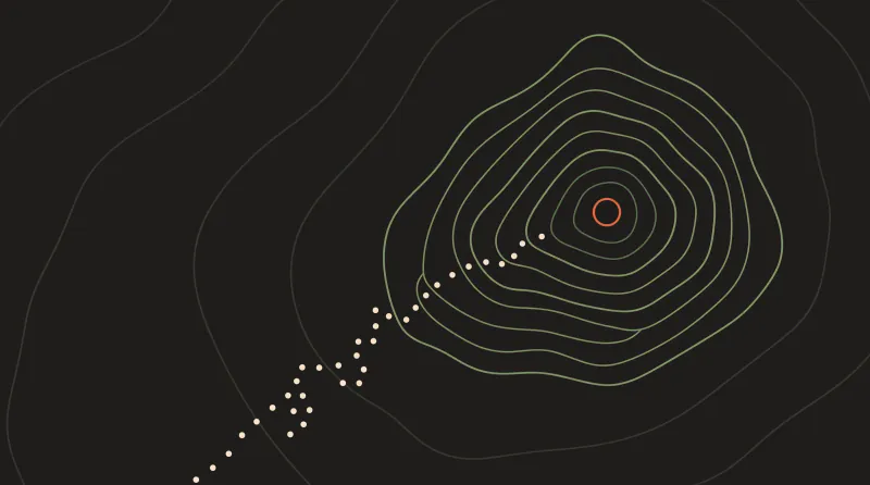 Topographic map graphic with a switchback path climbing to a terracotta sun ring on the summit, a symbol of AI change management