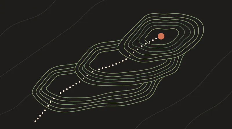 Topographic map graphic with stacked contour layers and a dotted path up to a terracotta goal, building an AI knowledge base from your PDFs