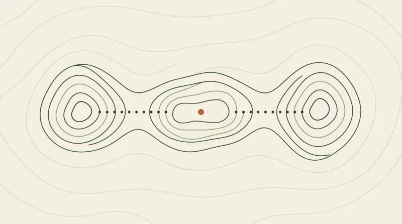 Topographic map graphic with three merged peaks and a dotted path through them to a terracotta point in the middle, template for an AI policy