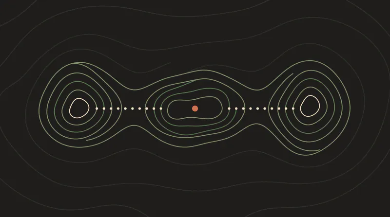 Topographic map graphic with three merged peaks and a dotted path through them to a terracotta point in the middle, template for an AI policy