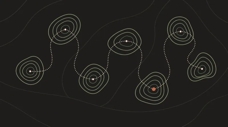 Topographic map graphic with seven small hills scattered like islands and a winding path between them, guide to the best AI tools for European businesses