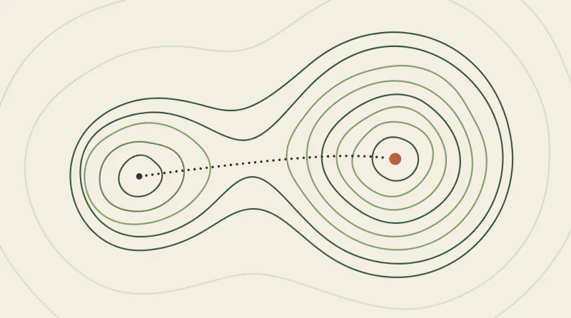 Topographic map illustration with a smaller and a larger peak in one massif joined by a dotted path, standing for the two seat types in ChatGPT Business pricing