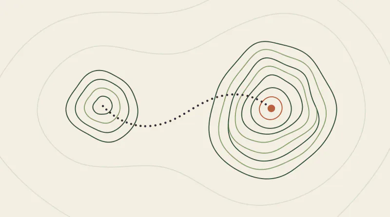 Topographic map graphic with two contour peaks joined by a dotted path in forest green and terracotta, a symbol of the route a ChatGPT consultant plans