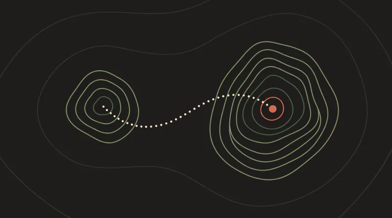 Topographic map graphic with two contour peaks joined by a dotted path in forest green and terracotta, a symbol of the route a ChatGPT consultant plans