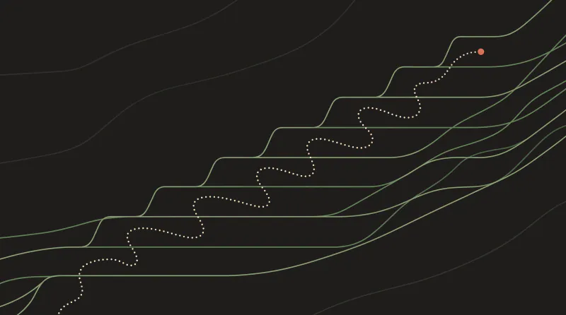 Topographic map illustration with rising terraces and a dotted path leading to a terracotta goal, illustrating ChatGPT pricing in 2026