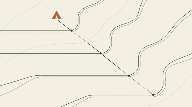 Contour map illustration with four terraces and a dotted path that climbs one step at a time to a tent, illustrating the topics in a ChatGPT training