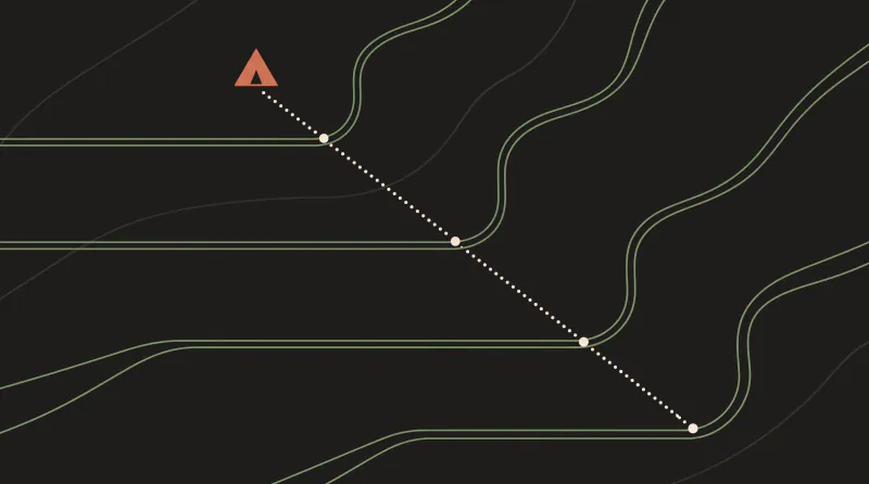 Contour map illustration with four terraces and a dotted path that climbs one step at a time to a tent, illustrating the topics in a ChatGPT training
