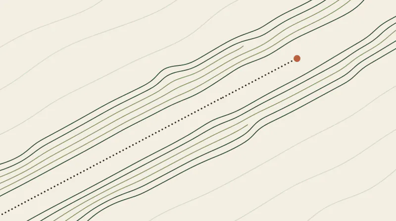 Topographic map graphic with parallel diagonal contour lines and a dotted path to a terracotta point, Claude Code working with Obsidian notes
