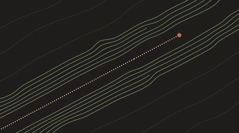 Topographic map graphic with parallel diagonal contour lines and a dotted path to a terracotta point, Claude Code working with Obsidian notes