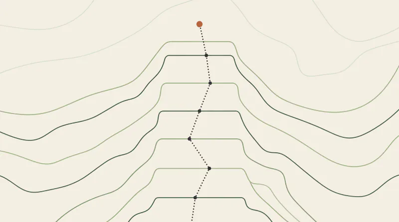 Topographic map graphic with terraced steps rising up the middle and a straight path climbing them, step by step guide to setting up Claude Cowork