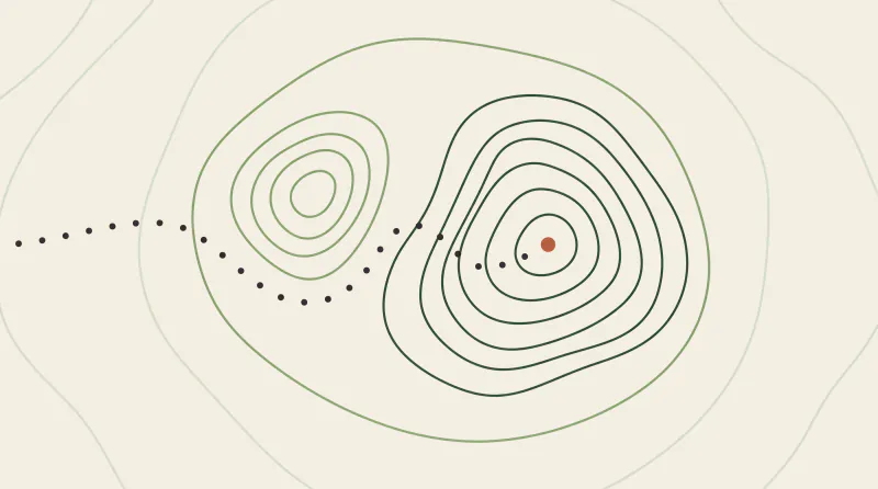 Topographic map graphic with two peaks inside one shared outer ring and a dotted path entering it to a terracotta goal, a symbol of keeping Claude data inside the EU