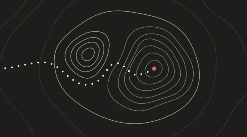 Topographic map graphic with two peaks inside one shared outer ring and a dotted path entering it to a terracotta goal, a symbol of keeping Claude data inside the EU