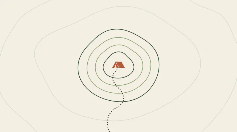 Topographic map graphic with a low hill, wide soft contours around it and a small tent on the summit, guide to Claude for nonprofit organisations