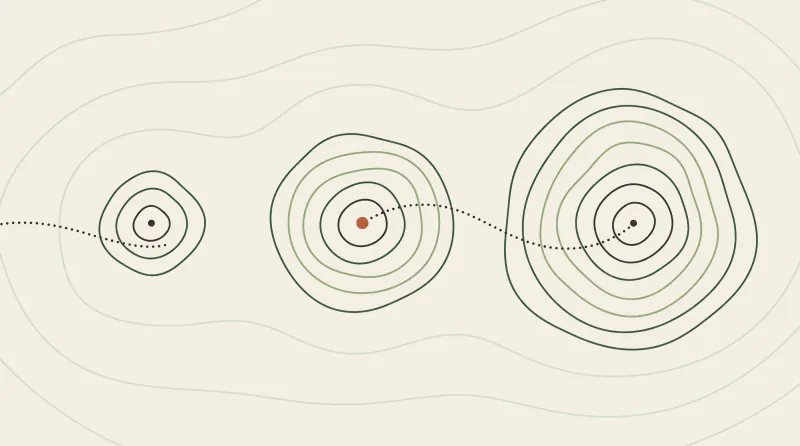 Topographic map graphic with three mountains growing in size from left to right and an S-shaped path through them to the middle one, guide to Claude prices