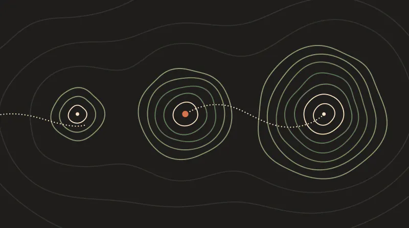 Topographic map graphic with three mountains growing in size from left to right and an S-shaped path through them to the middle one, guide to Claude prices